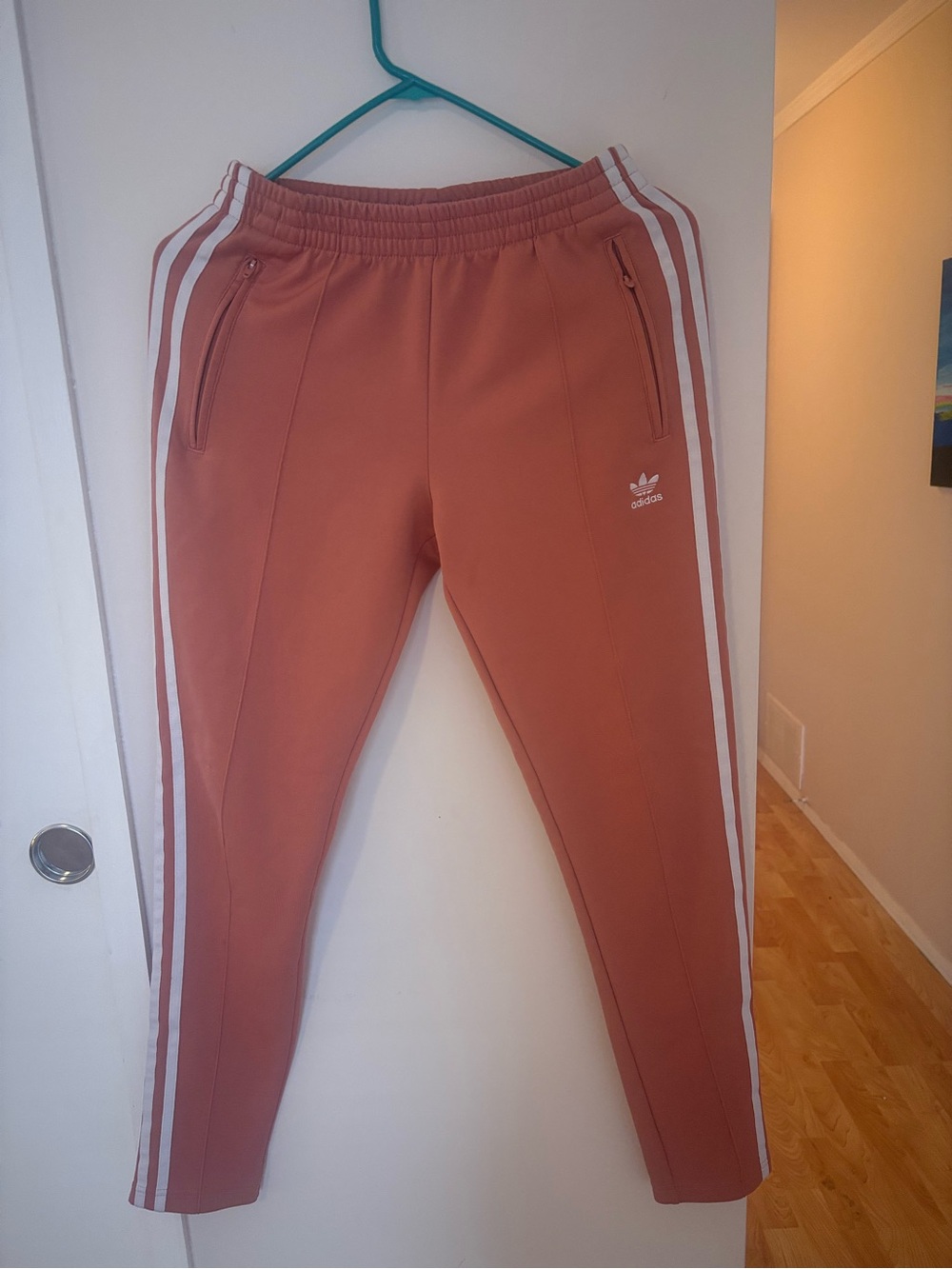 ADIDAS Woman’s Terracotta/Peach Joggers with White Stripes - Picture 2 of 3